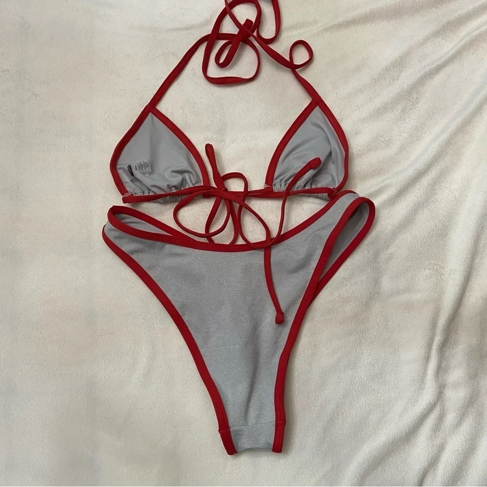 New! Frankie's Bikinis SET Dove Red and Gray triangle Bikini 3995